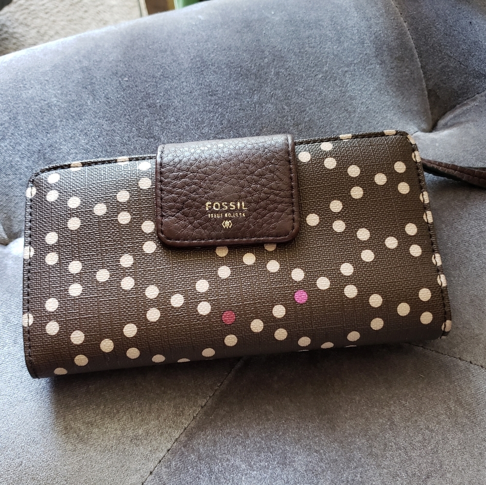 Fossil Brown Polka Dot Large Long Wallet Snap